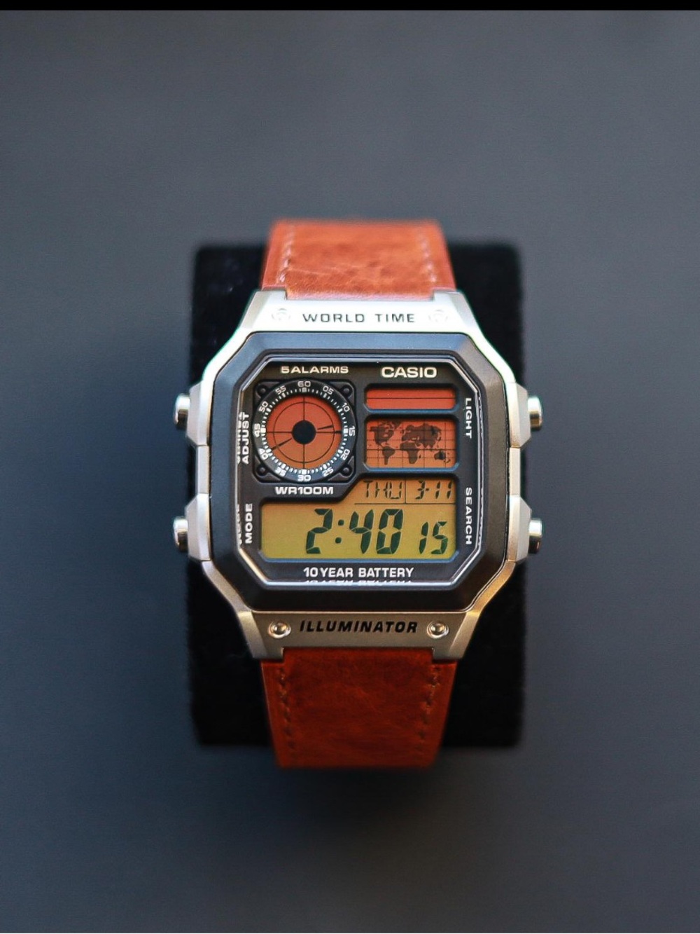 Casio Digital World Time Watch - Orange Brown Strap, Silver Case